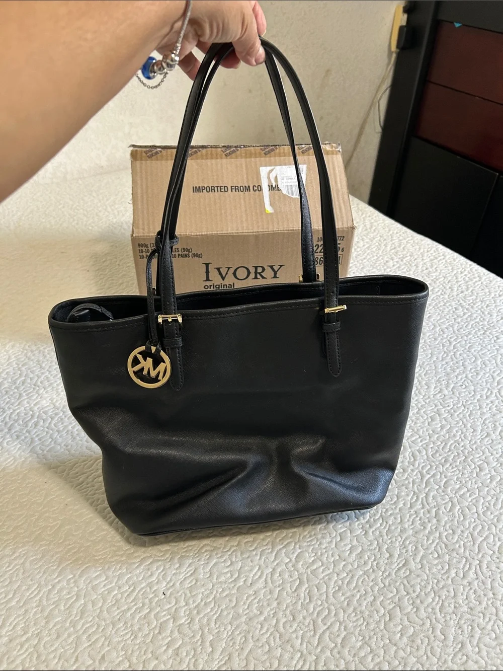 Michael Kors Black Saffiano Tote with MK Logo Charm